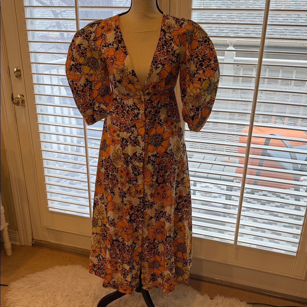 Free People Floral V-Neck Dress with Puff Sleeves and pockets - Picture 3 of 8